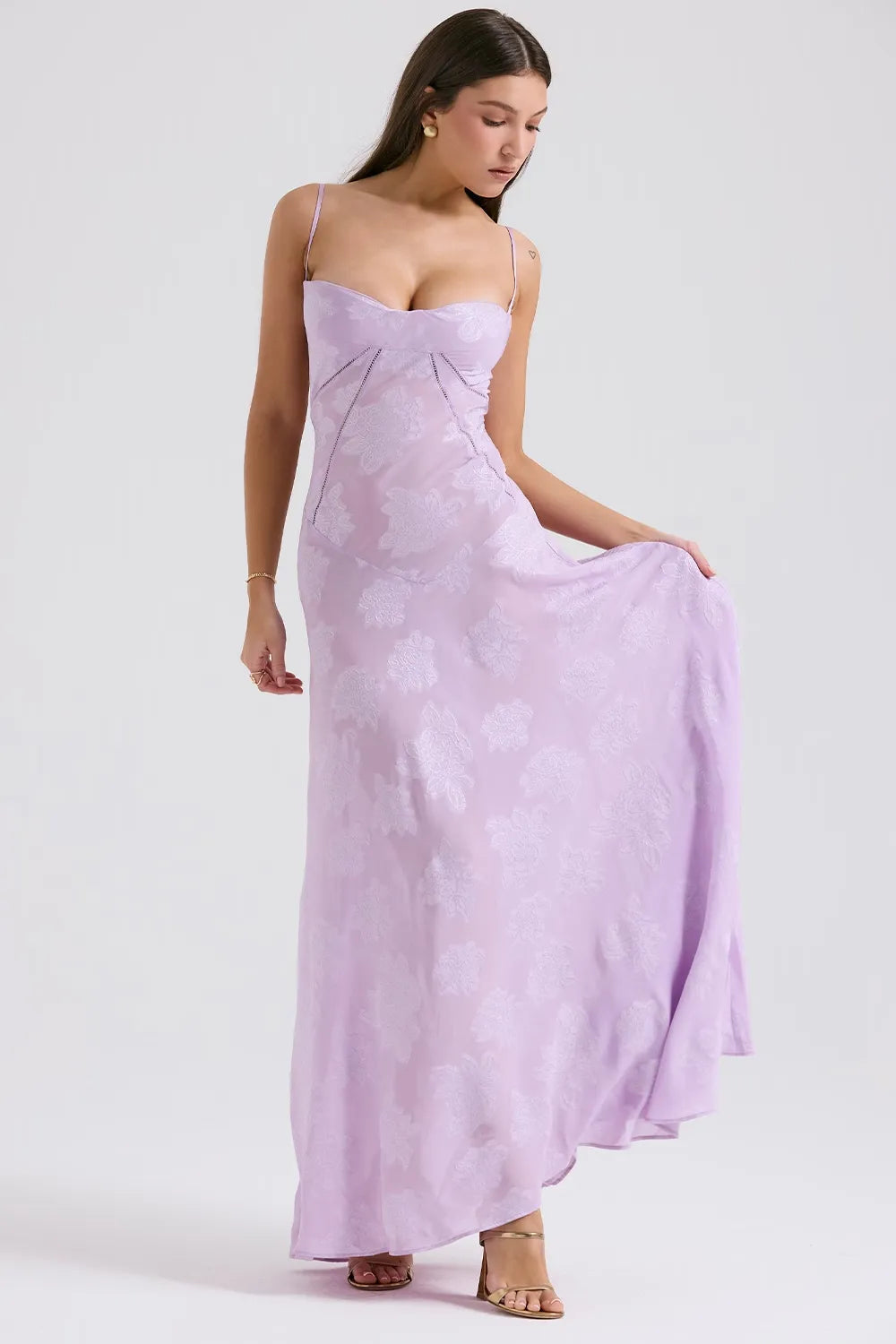Women's Spaghetti Strap Lace-Up Back Maxi Dress, styled on model, full length