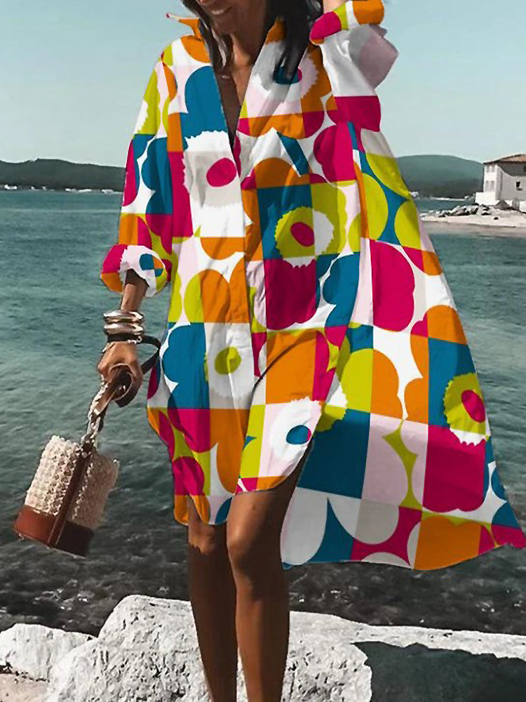 Women's Printed Long Sleeve Loose Fit Midi Shirt Dress in Orange, on model