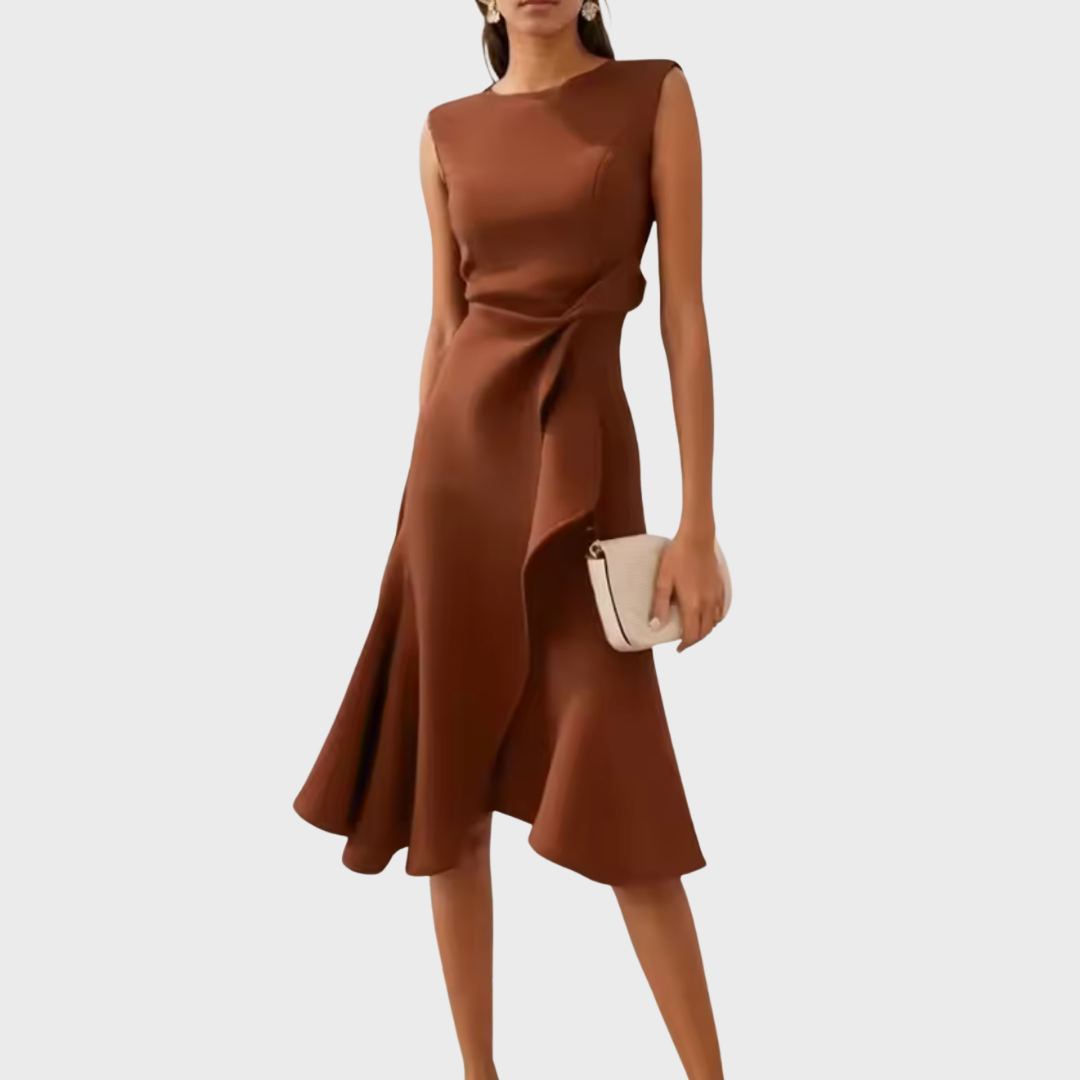 Women's sleeveless coffee brown midi dress with twist-knot front