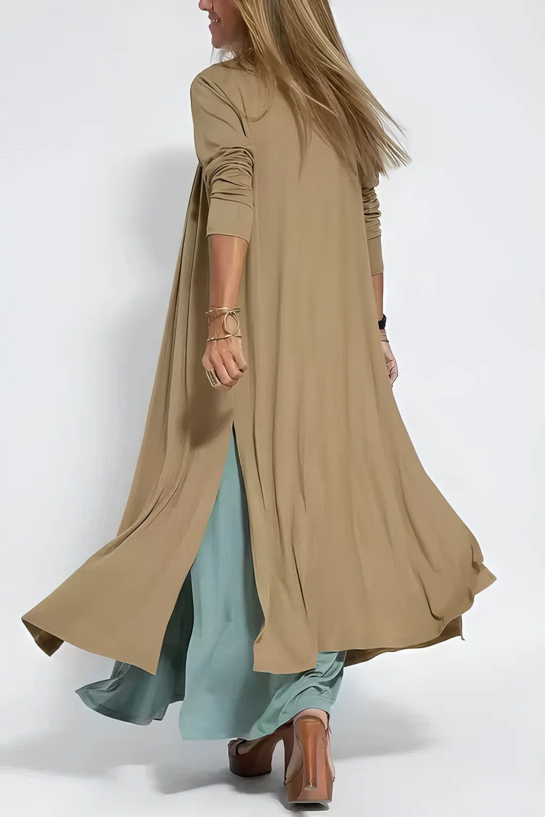 Women's Sleeveless Draped V-Neck Flowy Maxi Dress, on model, alternate angle