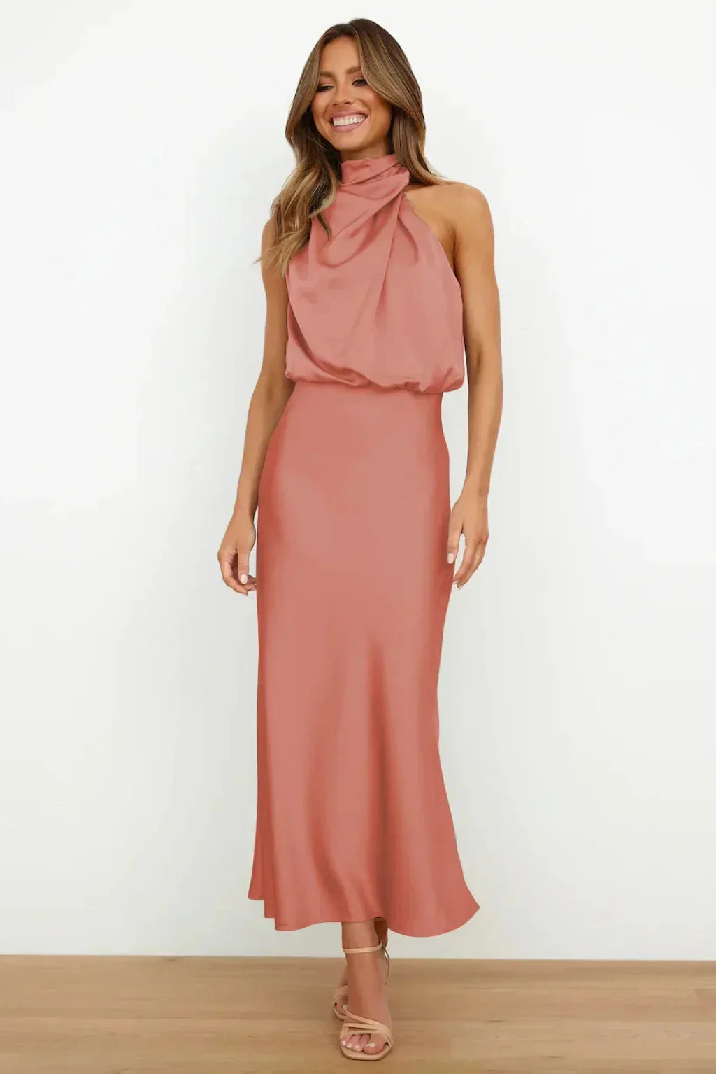 Women's Sleeveless Satin Halter Neck Midi Dress, styled on model, full length