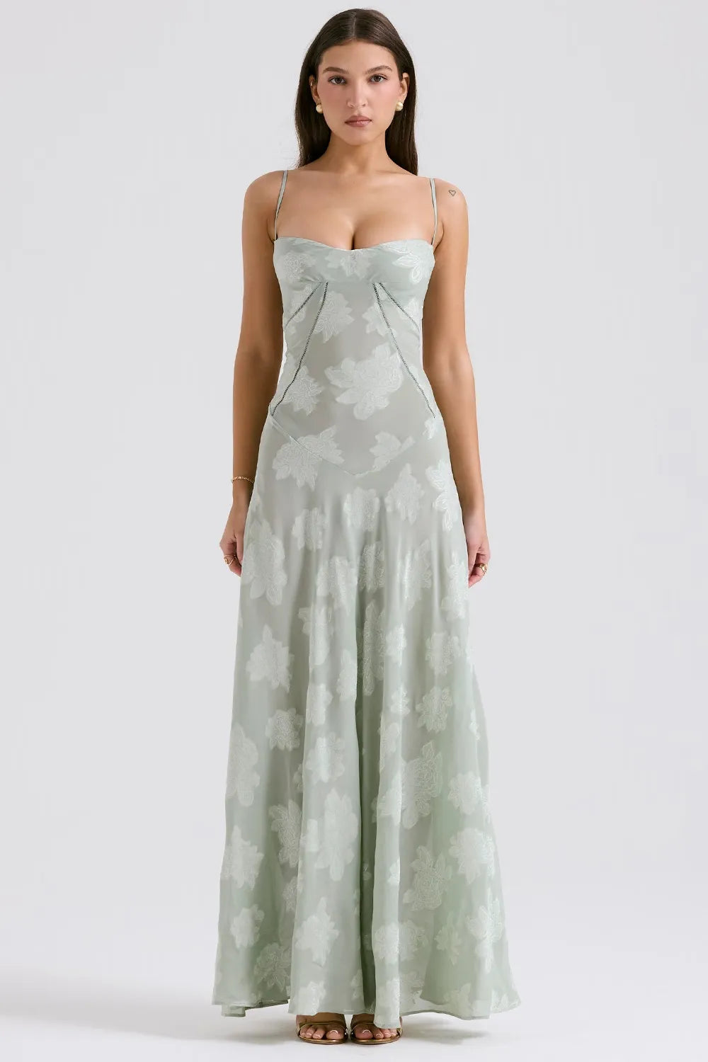 Women's Spaghetti Strap Lace-Up Back Maxi Dress in Green, on model