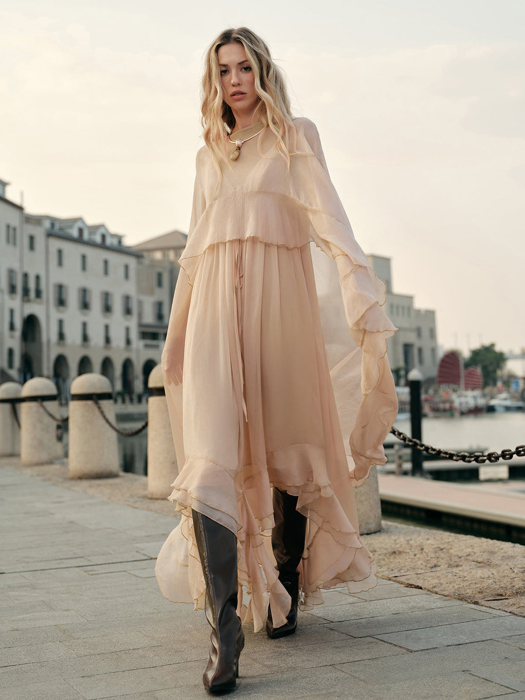 Women's Chiffon Cape Sleeve Ruffle Maxi Dress, styled on model