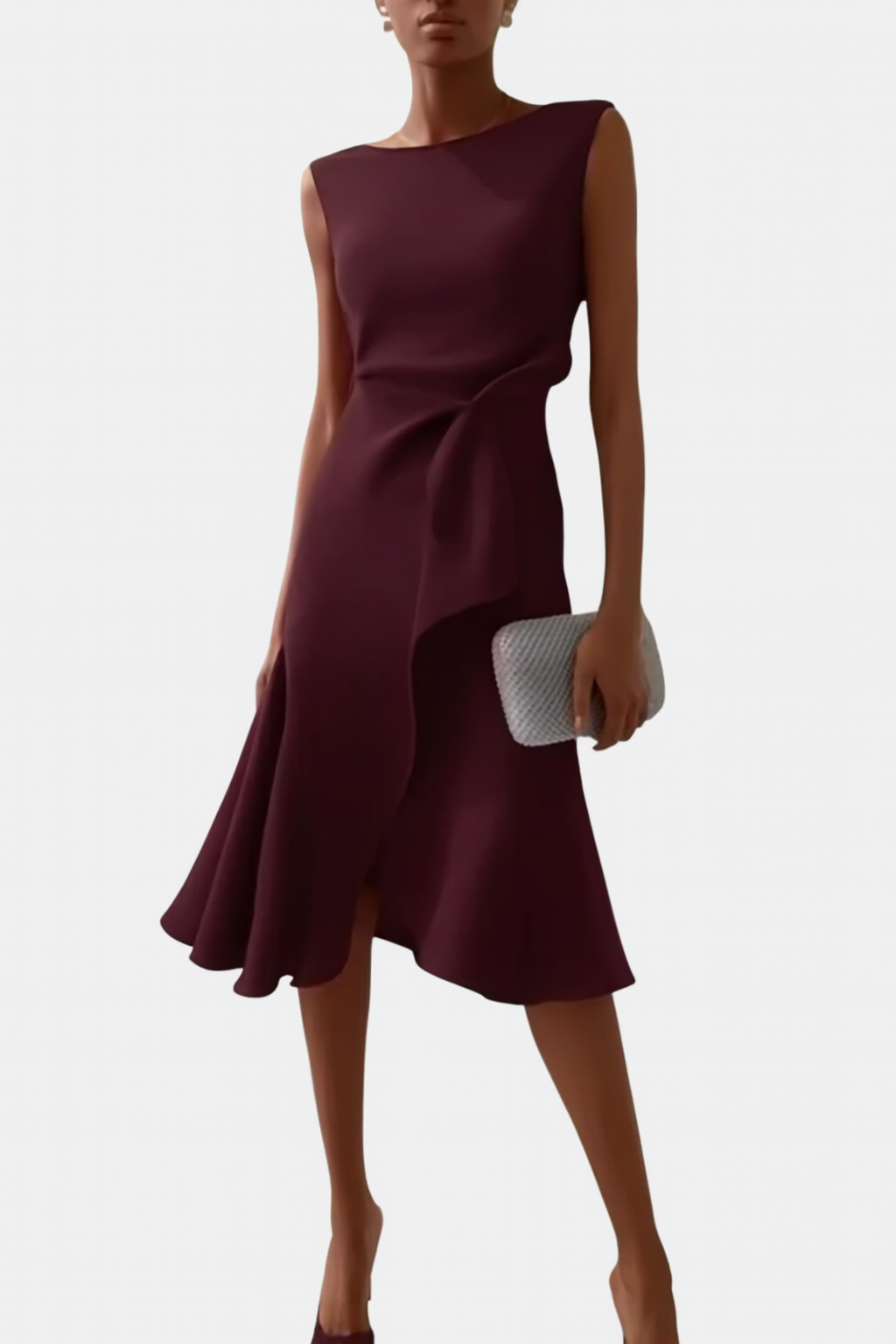 Women's sleeveless burgundy midi dress with flounced asymmetric skirt