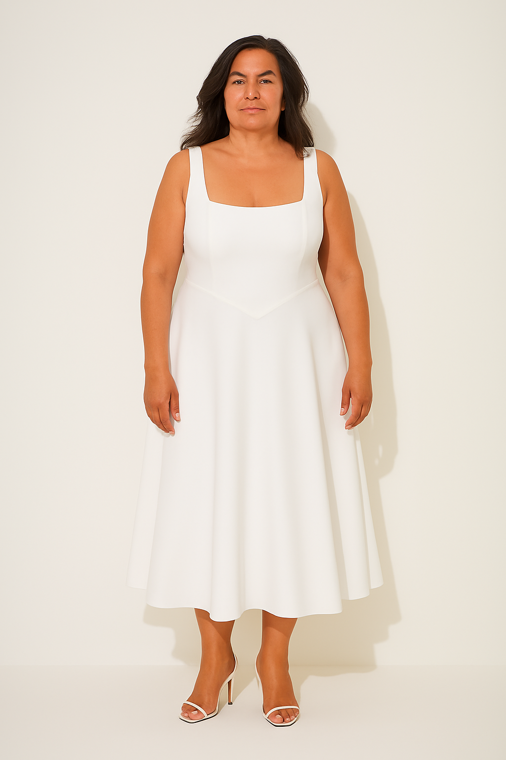 Women's Square Neck Sleeveless Fit and Flare Midi Dress, on model, alternate angle