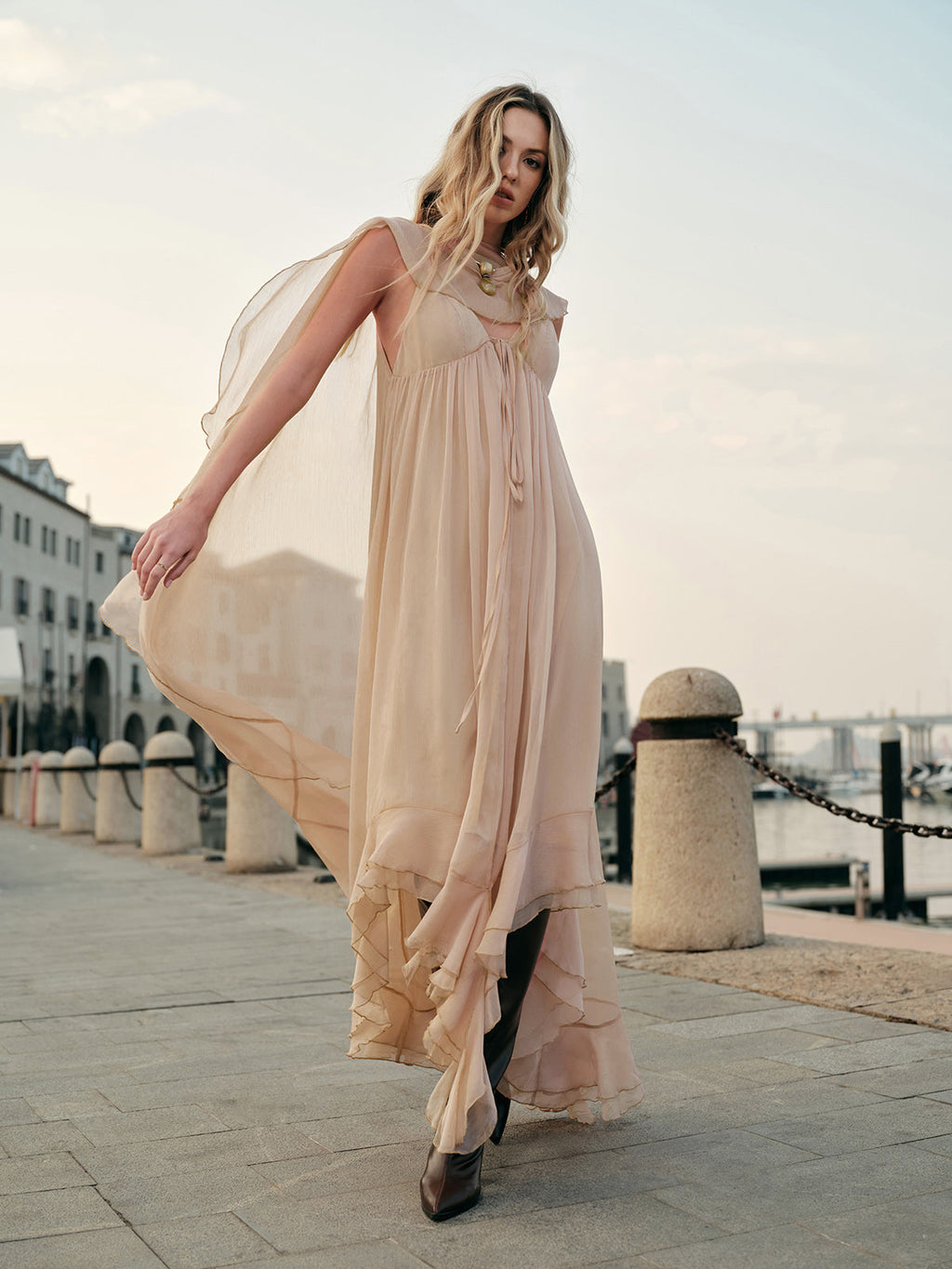 Women's Chiffon Cape Sleeve Ruffle Maxi Dress, on model, alternate angle