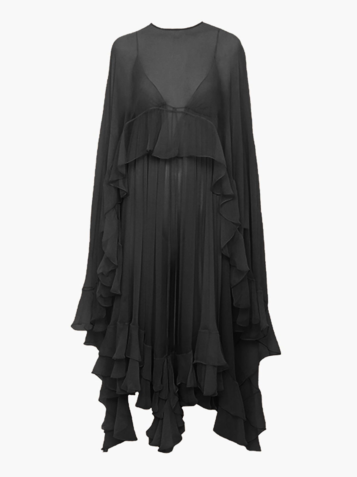 Women's Chiffon Cape Sleeve Ruffle Maxi Dress in Black, on model
