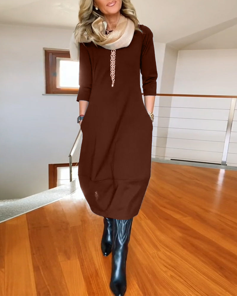 Women's Zip Front 3/4 Sleeve Midi Dress with Pockets, on model, detail view