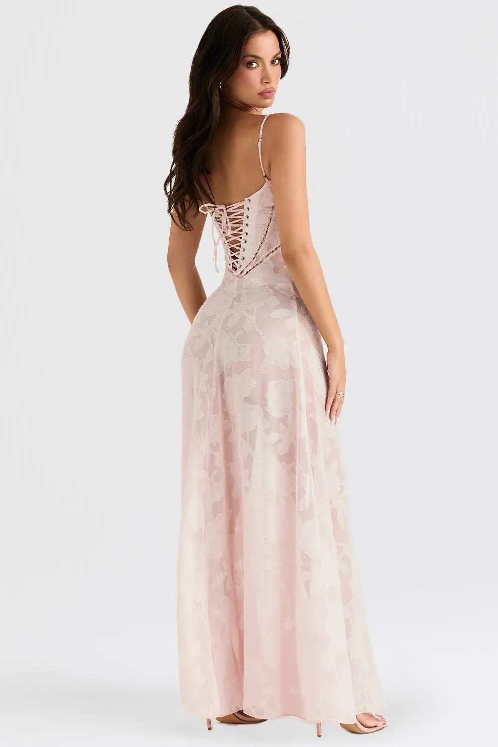 Women's Spaghetti Strap Lace-Up Back Maxi Dress, on model, detail view