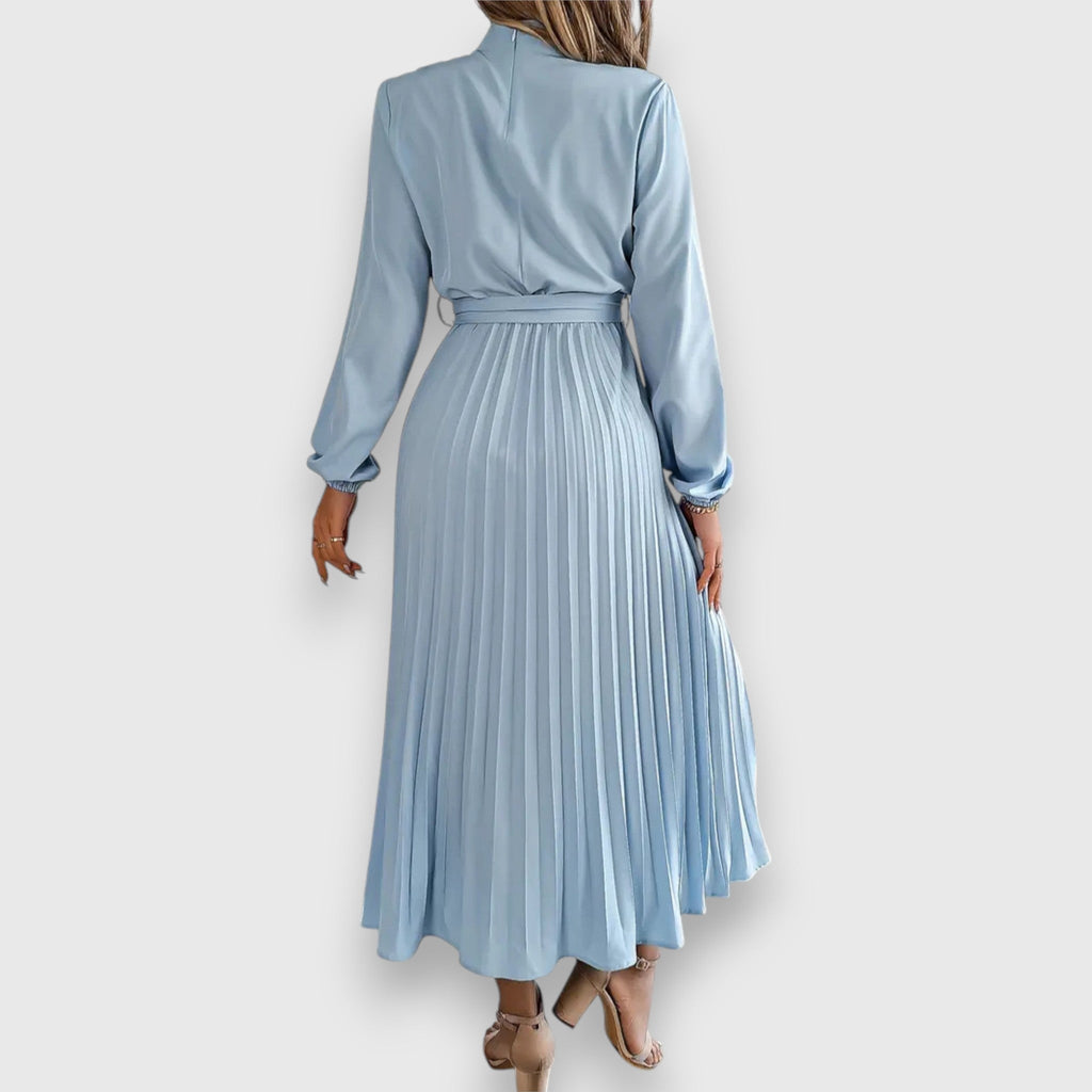Women's Mock Neck Pleated Midi Dress with Tie Belt, styled on model