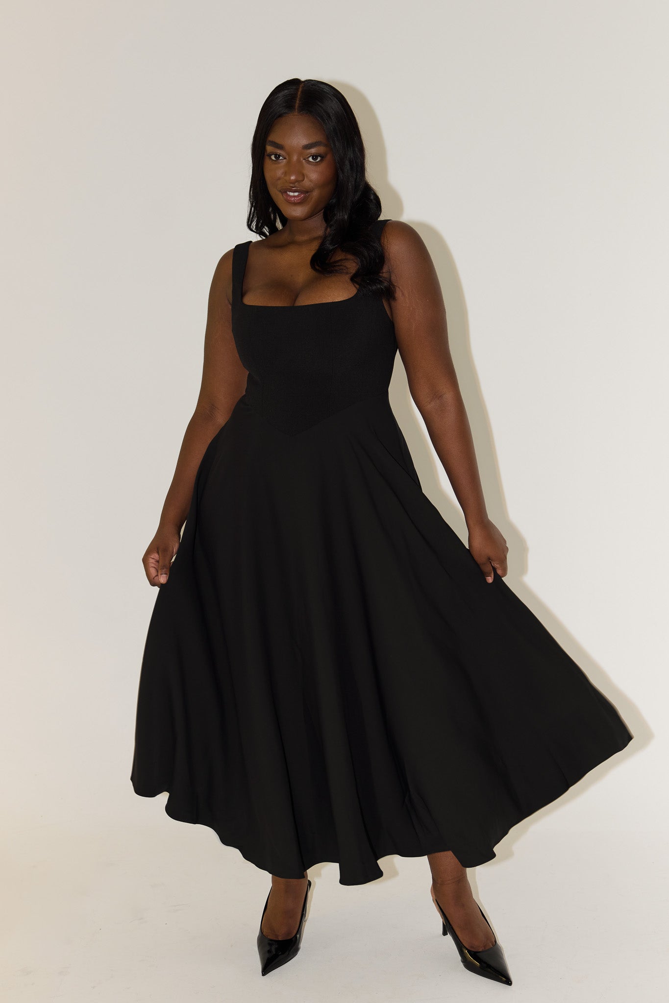 Women's Square Neck Sleeveless Fit and Flare Midi Dress, styled on model