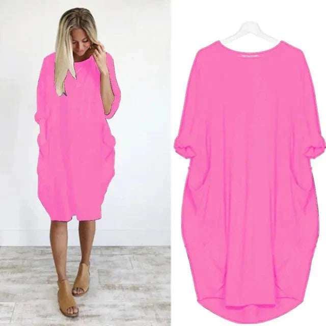 Women's Oversized Knee-Length Cocoon Dress with Pockets in Pink, model and flat lay view