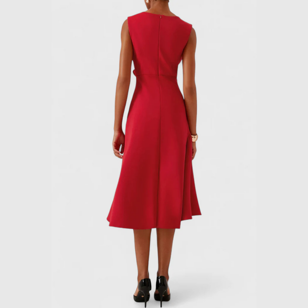 Back view of the red sleeveless midi dress showing the flounced skirt