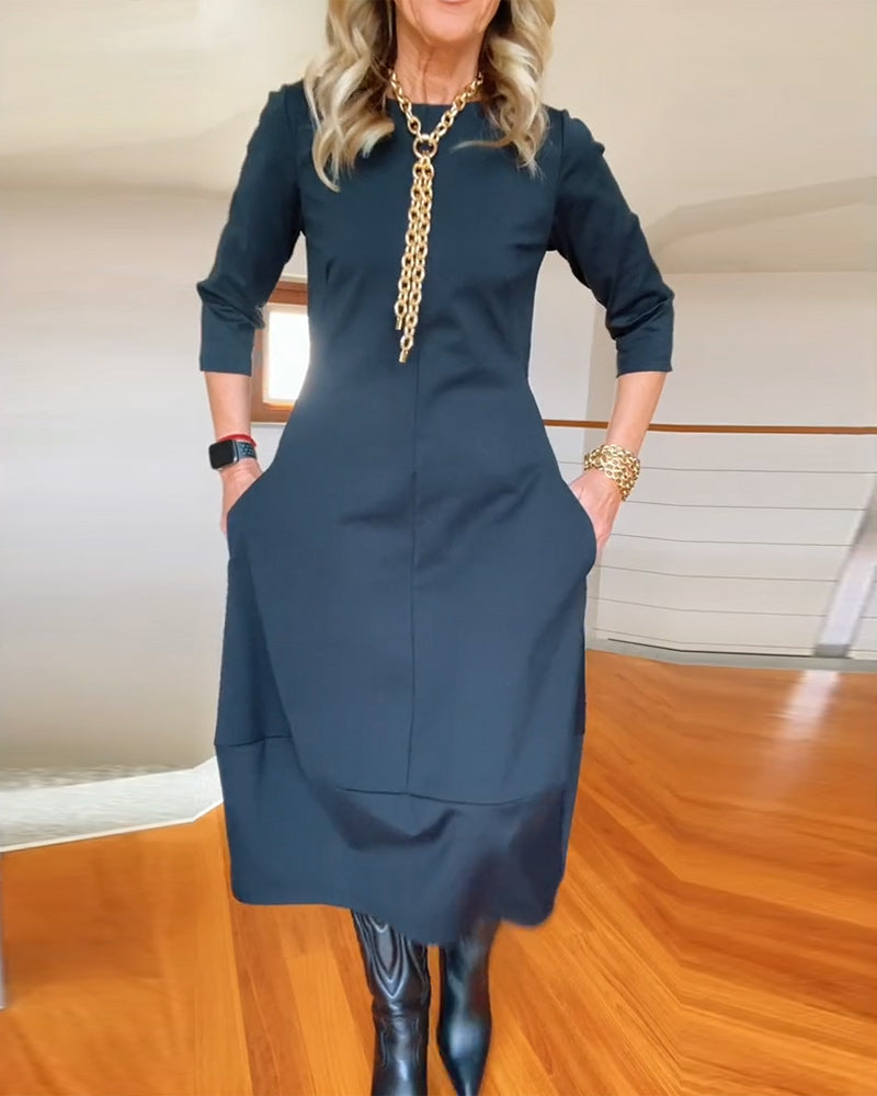 Women's Zip Front 3/4 Sleeve Midi Dress with Pockets, on model, alternate angle