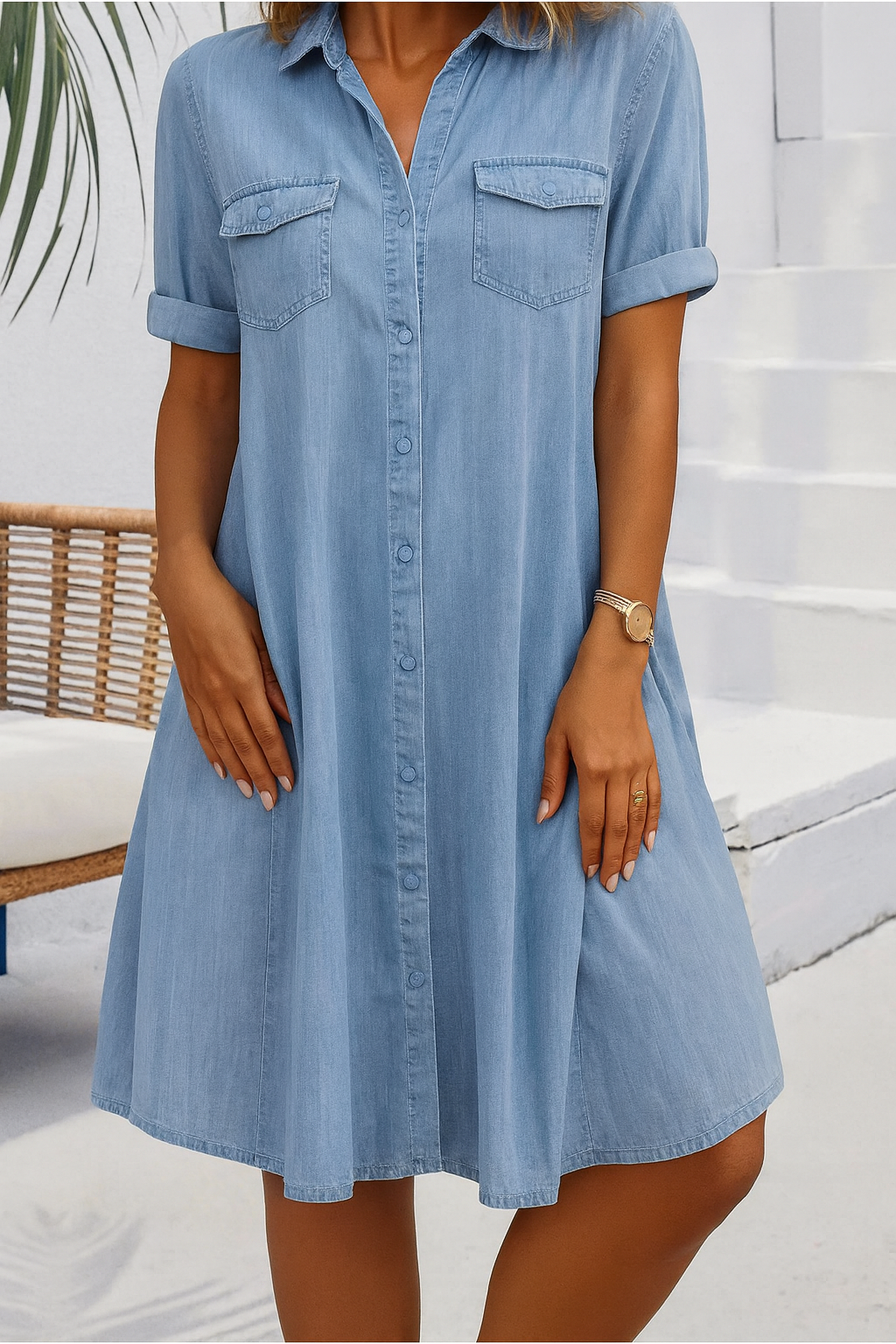 Women's light blue denim shirt dress with button front and chest pockets