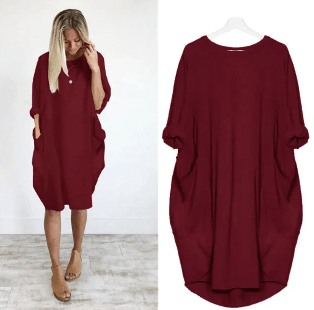 Women's Oversized Knee-Length Cocoon Dress with Pockets in Dark Red, model and flat lay view