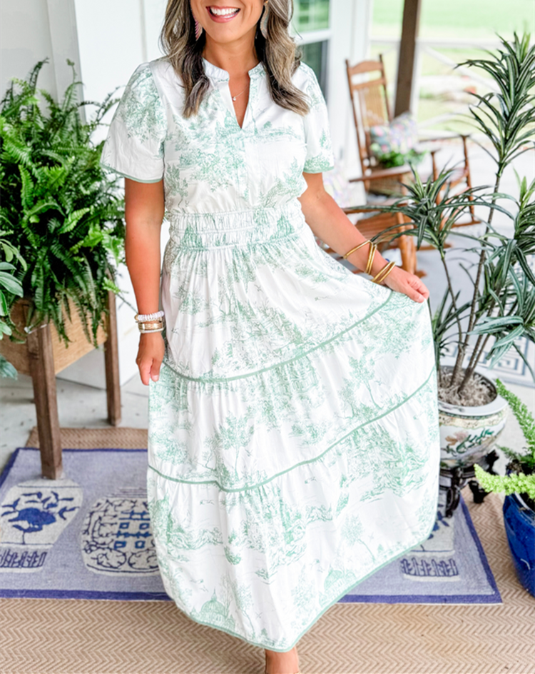 Women's Printed Short Sleeve Tiered Maxi Dress, on model, alternate angle