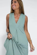 Women's Sleeveless Draped V-Neck Flowy Maxi Dress in Green