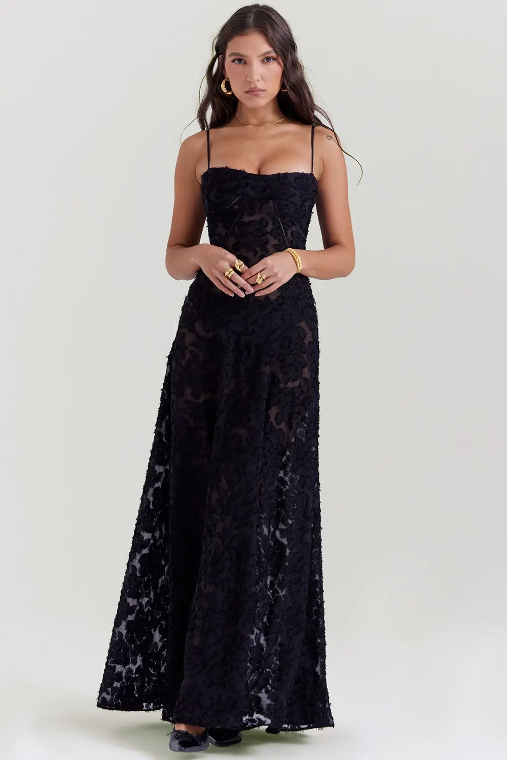 Women's Spaghetti Strap Lace-Up Back Maxi Dress, styled on model