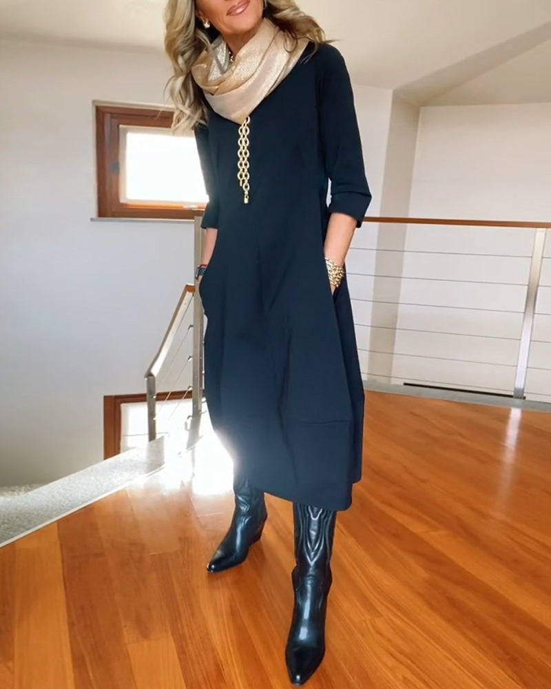 Women's Zip Front 3/4 Sleeve Midi Dress with Pockets, on model, alternate angle