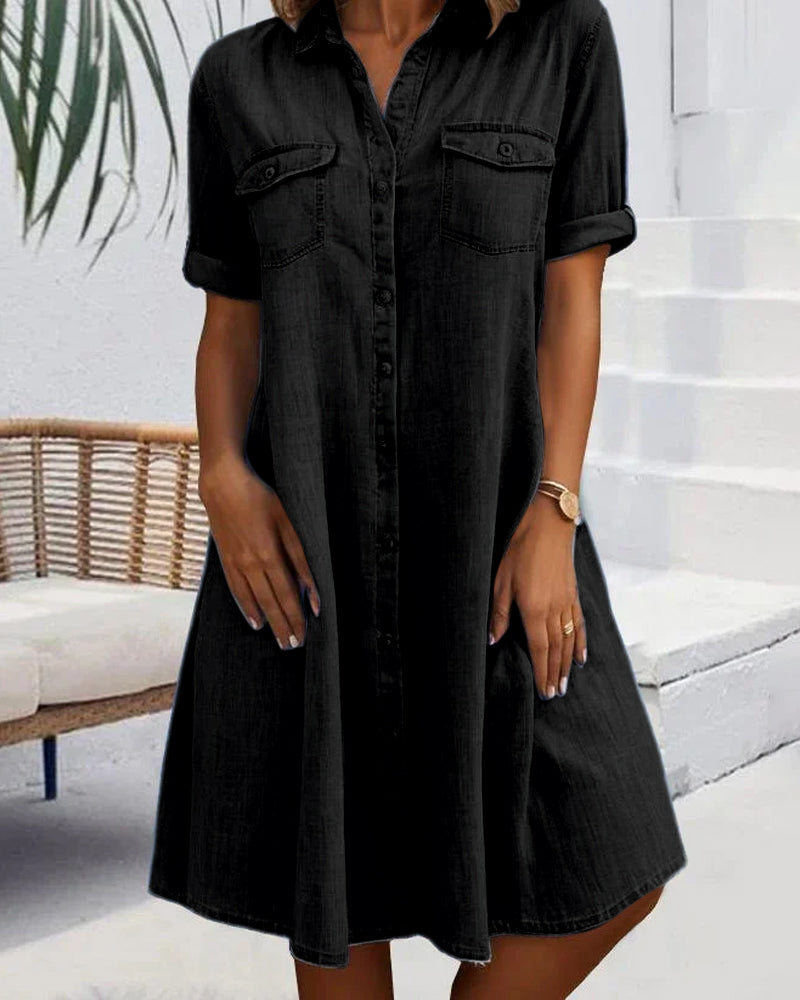 Women's black denim shirt dress with short sleeves and A-line skirt
