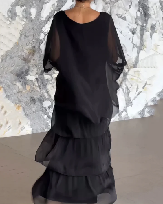 Women's Batwing Sleeve Loose Fit Tiered Maxi Dress, styled on model
