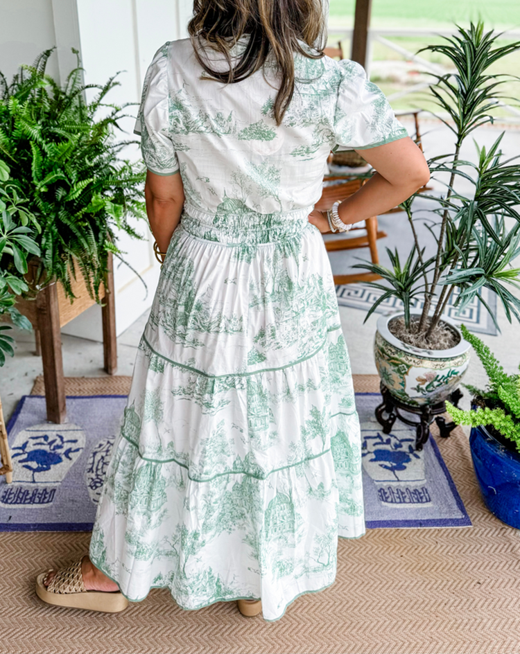 Women's Printed Short Sleeve Tiered Maxi Dress, styled on model