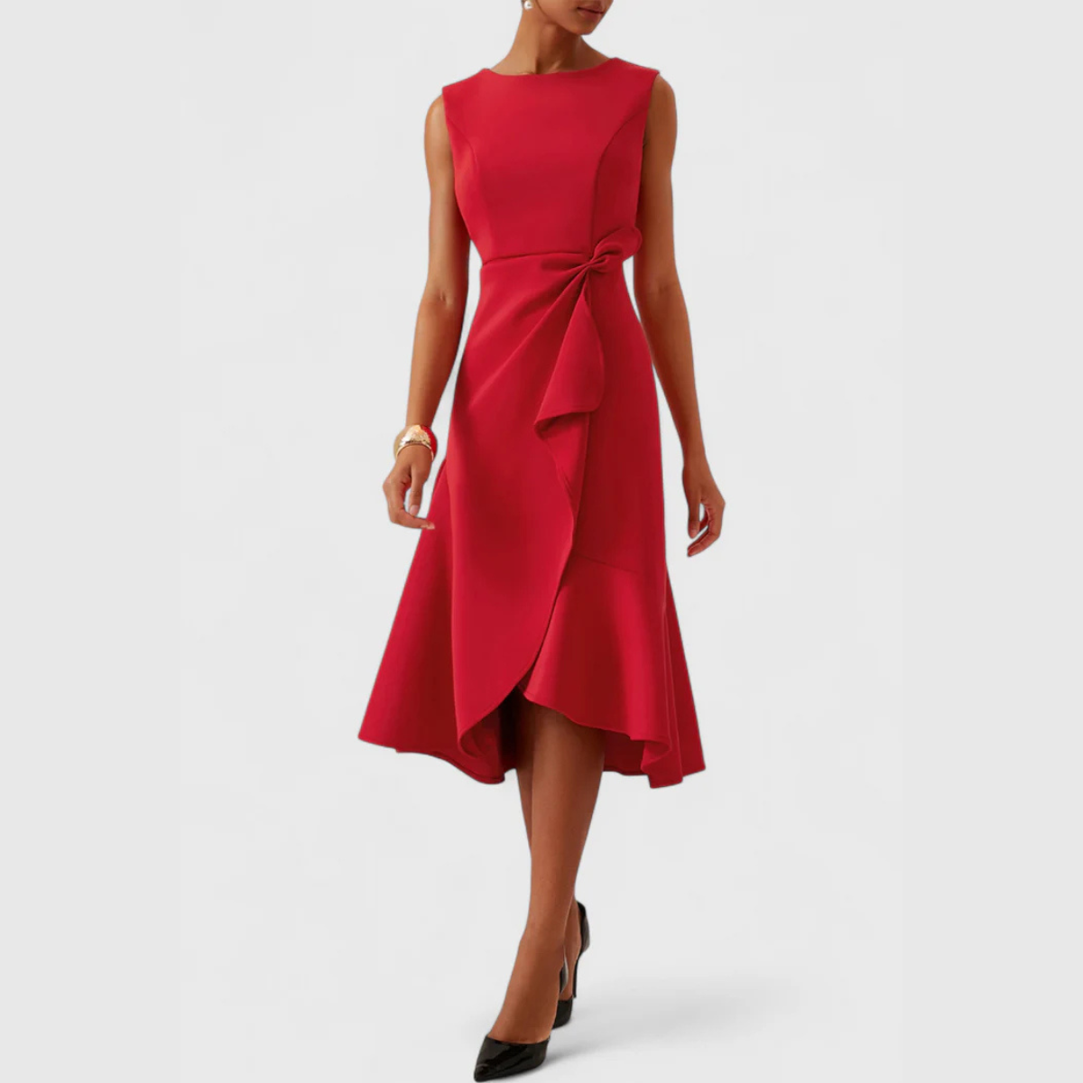 Women's red twist-front midi dress with flounced hem, styled with heels