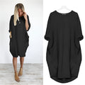 Women's Oversized Knee-Length Cocoon Dress with Pockets in Black, model and flat lay view