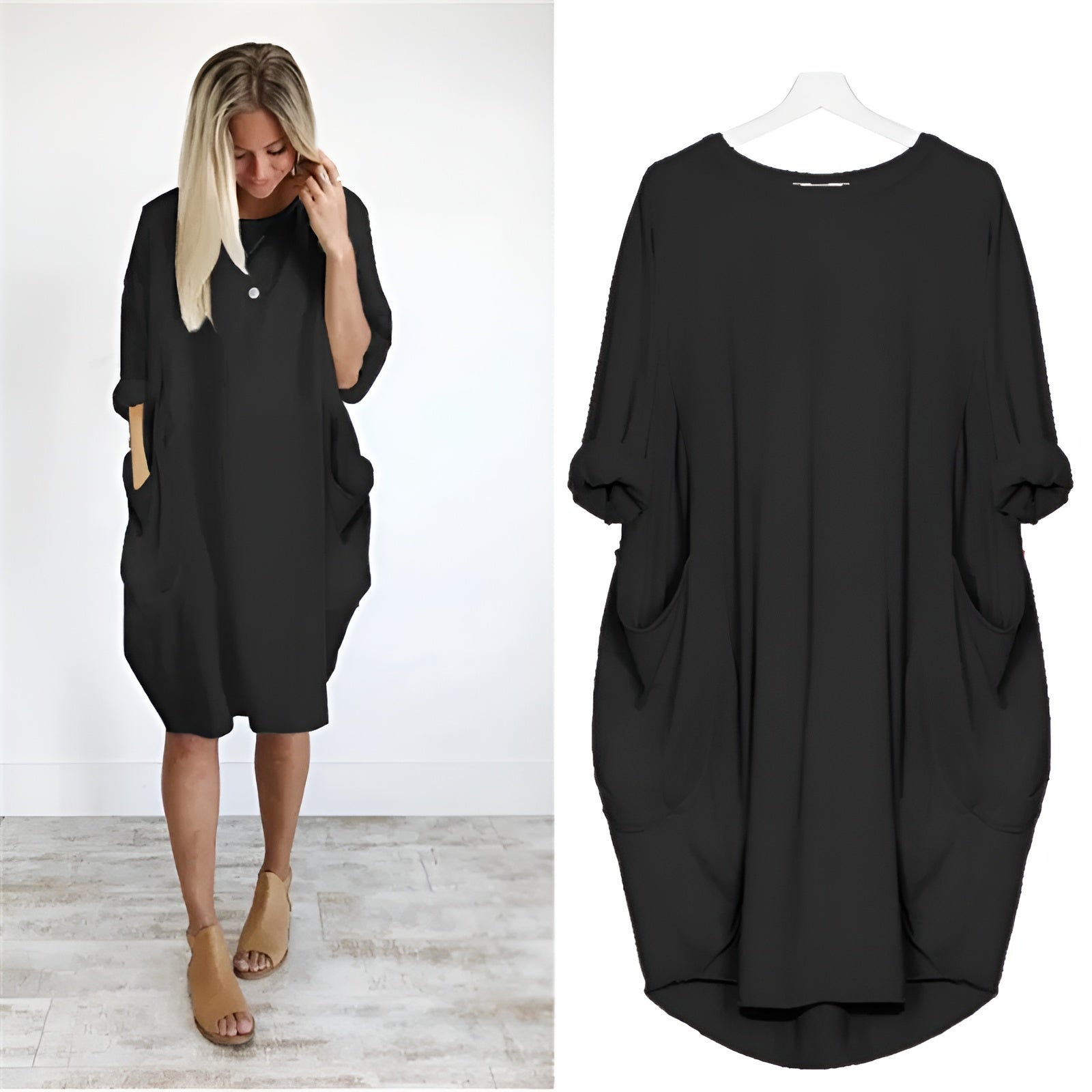 Women's Oversized Knee-Length Cocoon Dress with Pockets in Black, model and flat lay view
