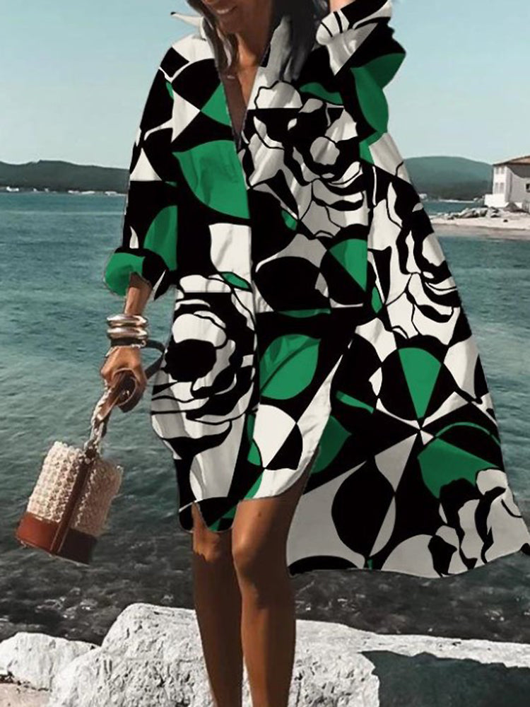 Women's Printed Long Sleeve Loose Fit Midi Shirt Dress in Green Black, on model