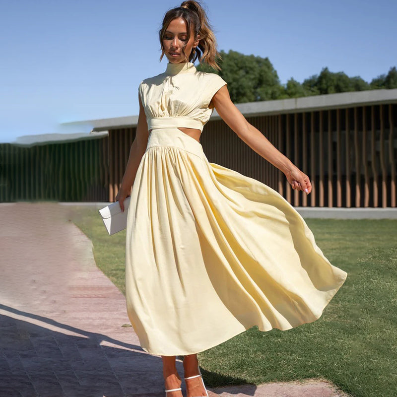 Women's Mock Neck Cap Sleeve Cutout Midi Dress in Yellow, on model