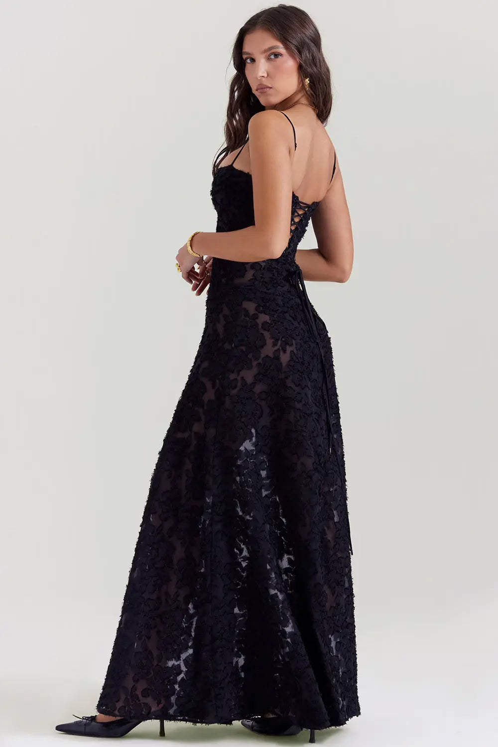 Women's Spaghetti Strap Lace-Up Back Maxi Dress, on model, detail view