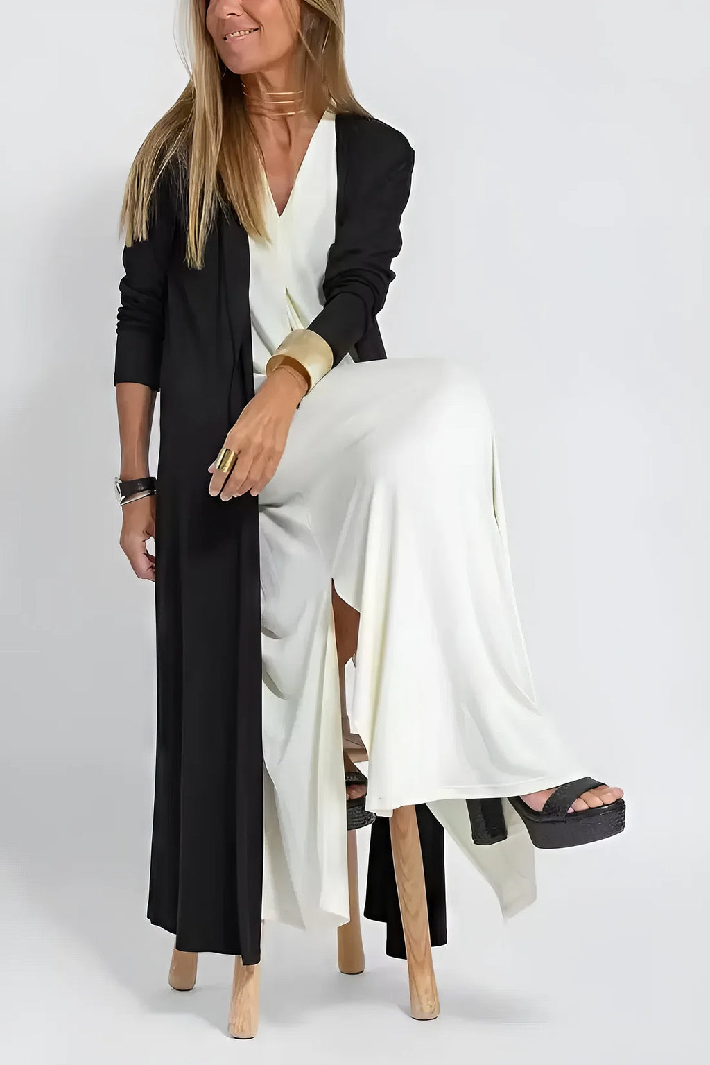 Women's Sleeveless Draped V-Neck Flowy Maxi Dress, styled on model