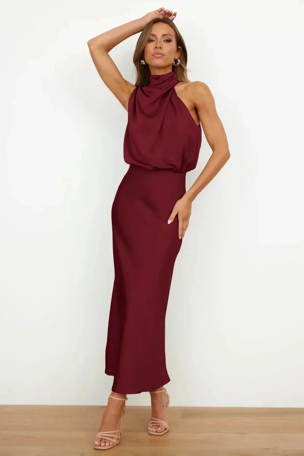 Women's Sleeveless Satin Halter Neck Midi Dress, on model, alternate angle