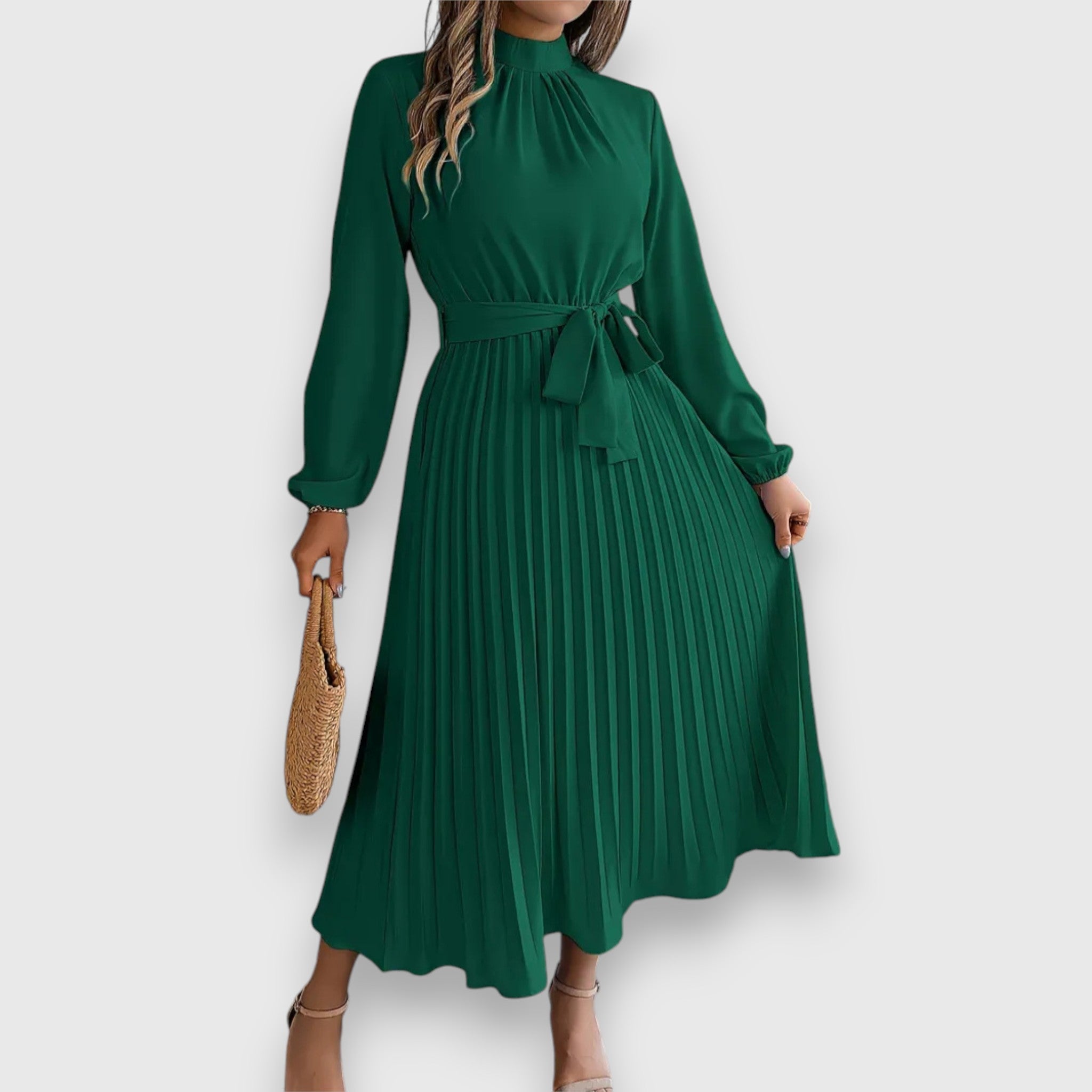 Women's Mock Neck Pleated Midi Dress with Tie Belt in Green, on model