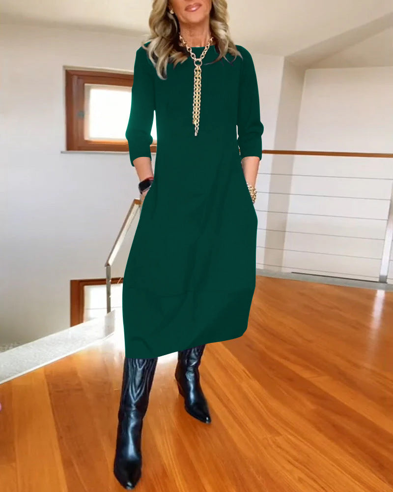 Women's Zip Front 3/4 Sleeve Midi Dress with Pockets in Green, on model