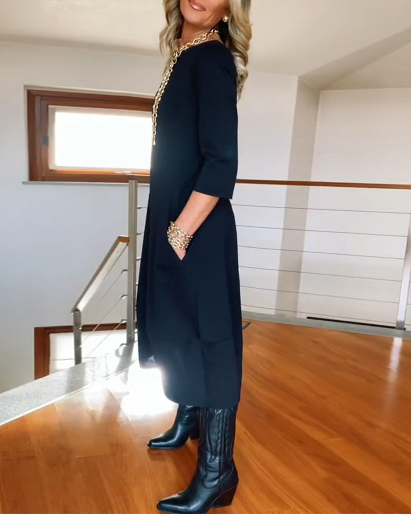 Women's Zip Front 3/4 Sleeve Midi Dress with Pockets, on model, detail view