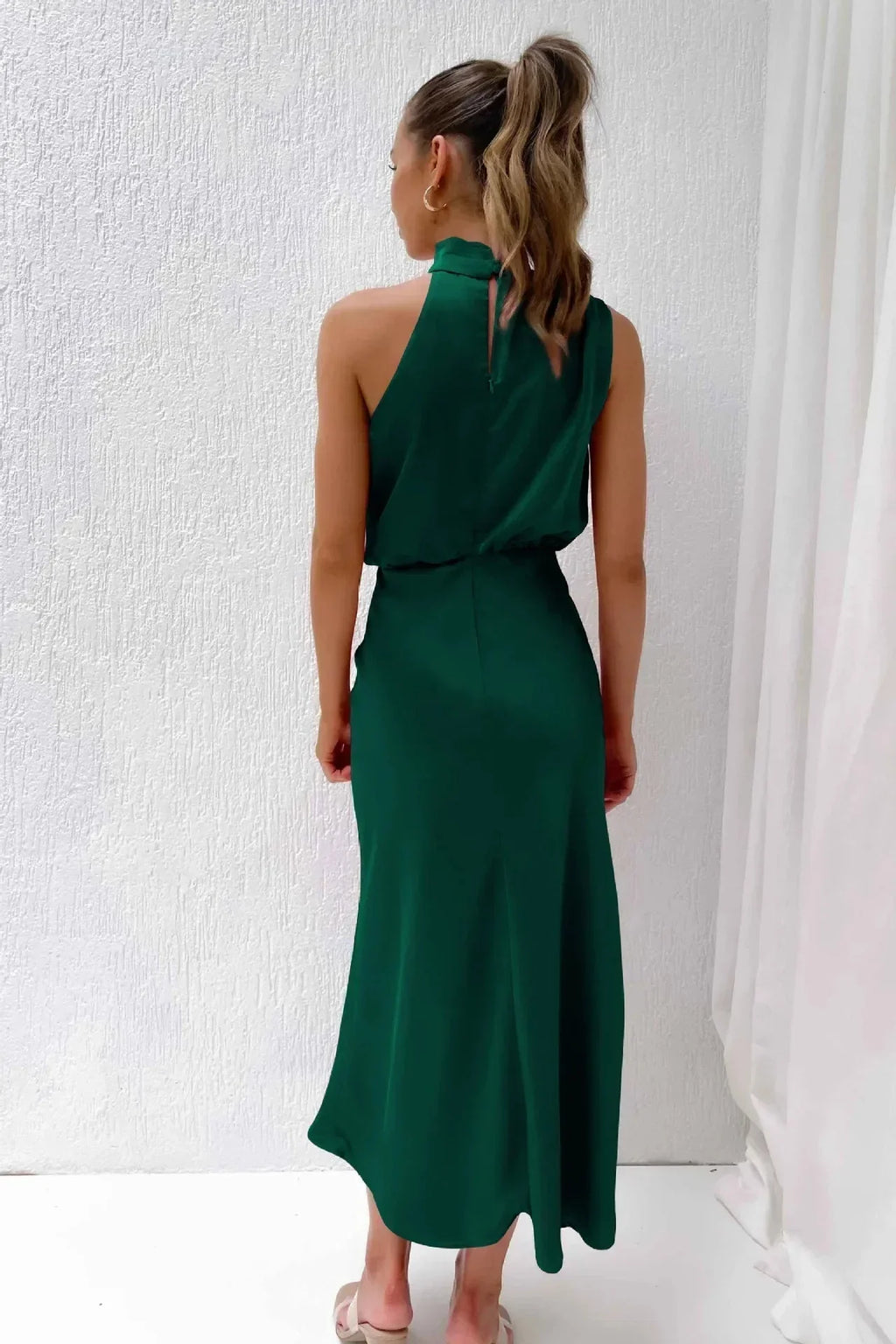 Women's Sleeveless Satin Halter Neck Midi Dress, styled on model, full length