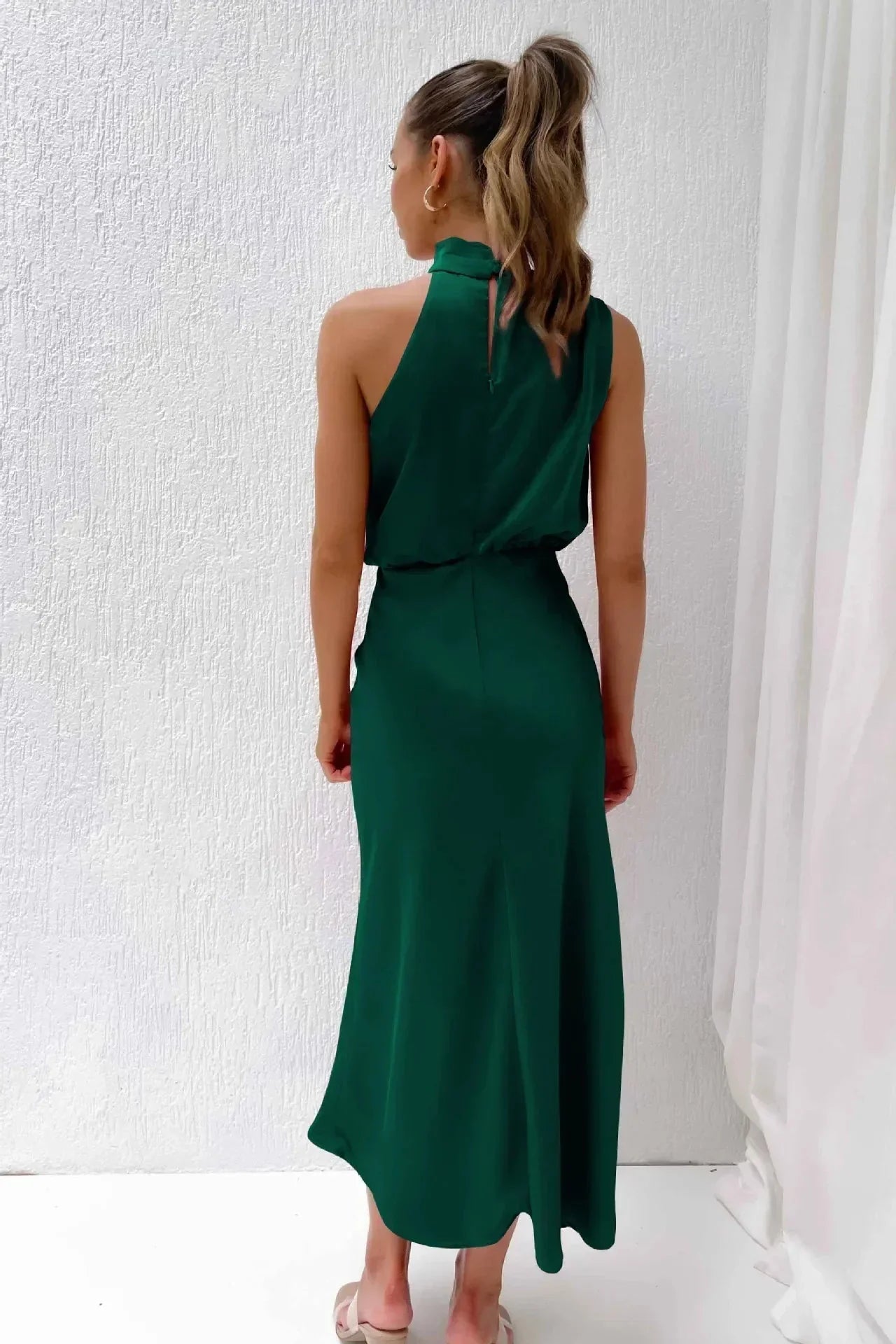 Women's Sleeveless Satin Halter Neck Midi Dress, styled on model, full length