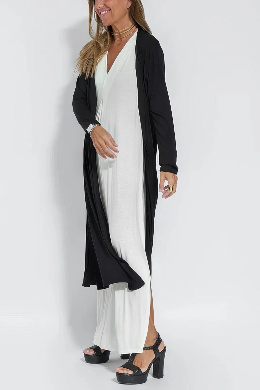 Women's Sleeveless Draped V-Neck Flowy Maxi Dress, on model, detail view