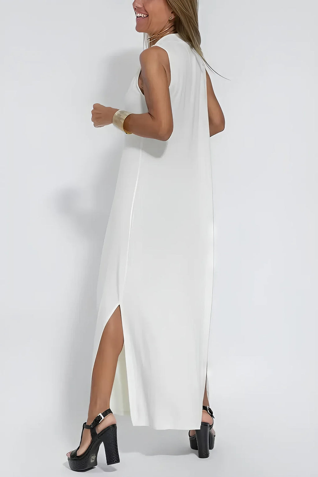 Women's Sleeveless Draped V-Neck Flowy Maxi Dress, styled on model