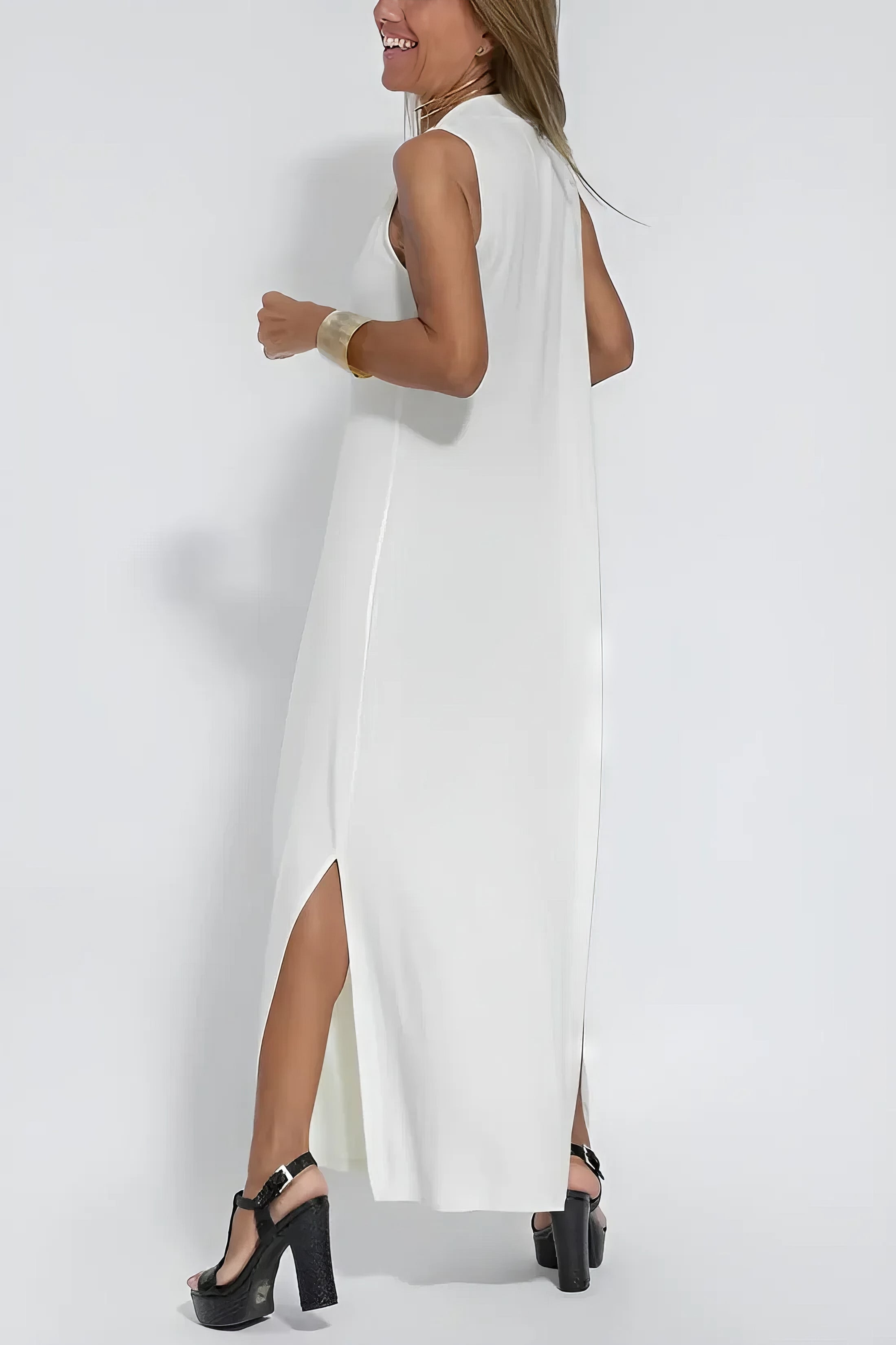 Women's Sleeveless Draped V-Neck Flowy Maxi Dress, styled on model