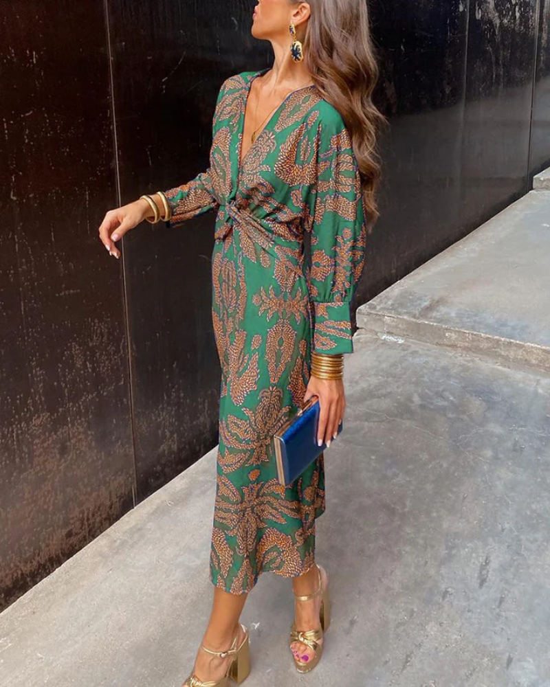 Women's Paisley Print Long Sleeve Twist Front Maxi Dress, styled on model, full length