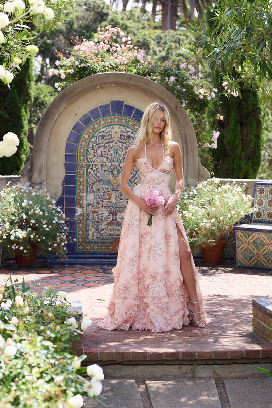 Women's Floral Halter Neck Maxi Dress with Front Slit, styled on model