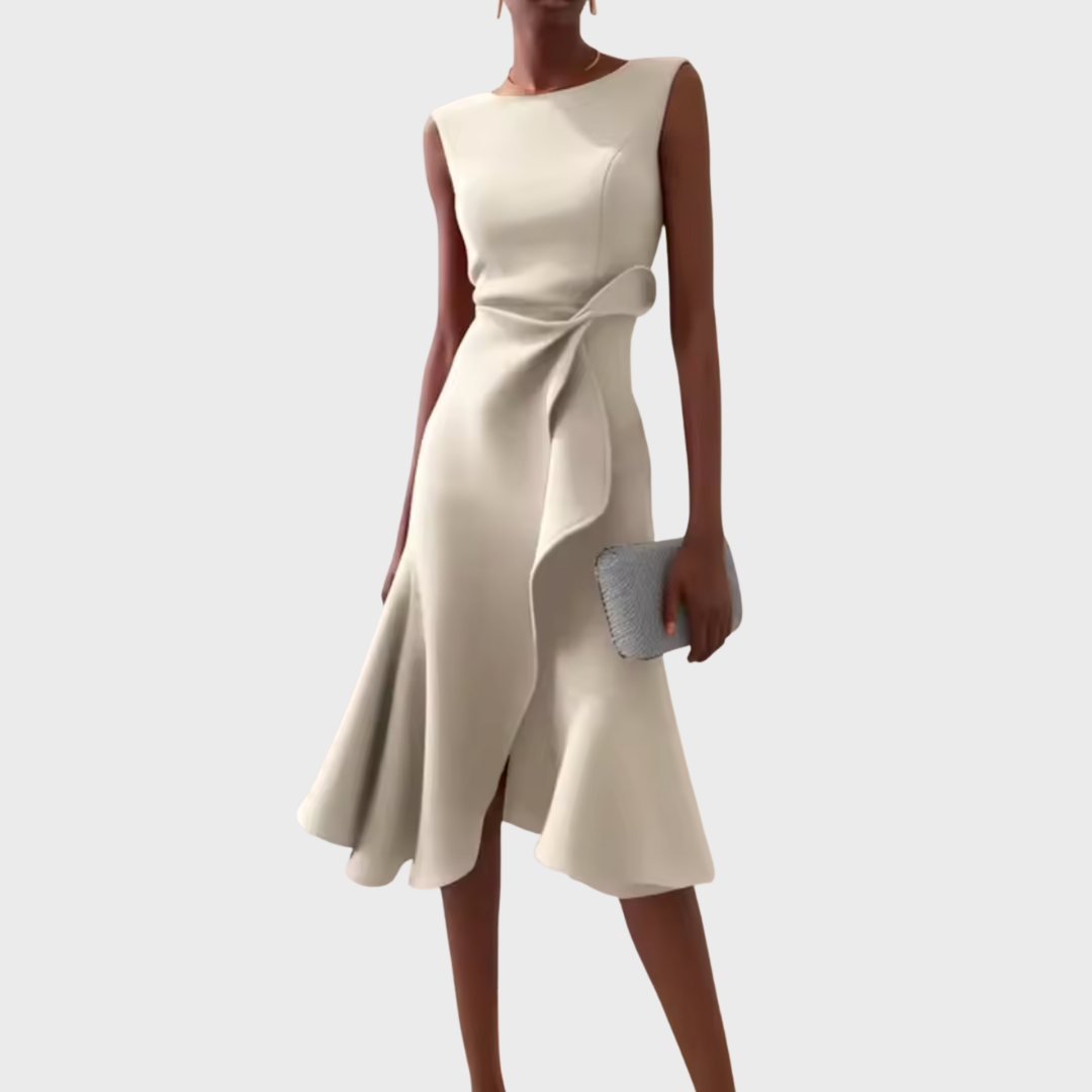 Women's sleeveless cream midi dress with flounced wrap-effect hem