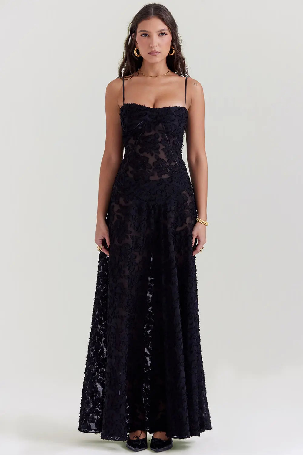 Women's Spaghetti Strap Lace-Up Back Maxi Dress in Black