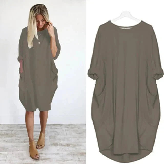 Women's Oversized Knee-Length Cocoon Dress with Pockets in Dark Gray, model and flat lay view
