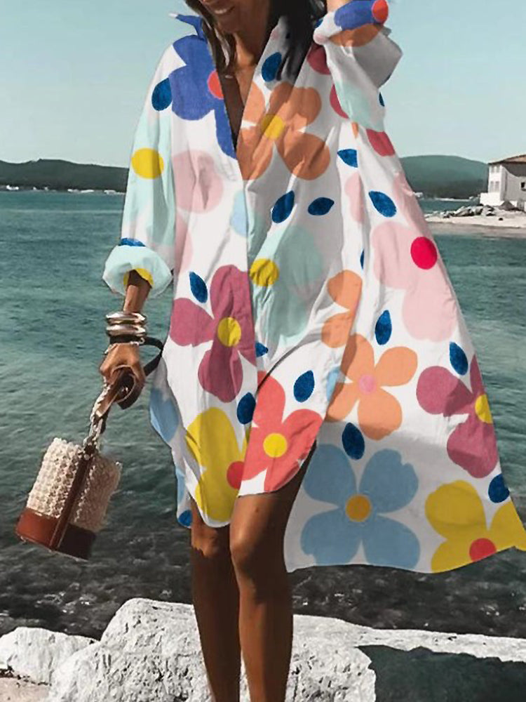 Women's Printed Long Sleeve Loose Fit Midi Shirt Dress in White, on model