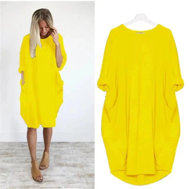 Women's Oversized Knee-Length Cocoon Dress with Pockets in Yellow, model and flat lay view